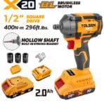TOLSEN 20V brushless impact wrench kit featuring a 1/2-inch hollow shaft and 400Nm torque, displayed with two 2.0Ah batteries, charger, and three impact sockets.