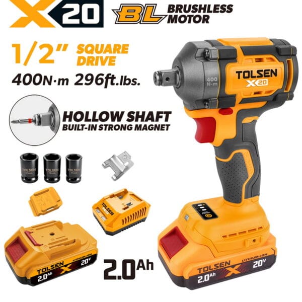 TOLSEN 20V brushless impact wrench kit featuring a 1/2-inch hollow shaft and 400Nm torque, displayed with two 2.0Ah batteries, charger, and three impact sockets.