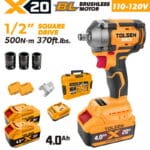 Complete TOLSEN 20V heavy-duty brushless impact wrench kit featuring 500Nm torque, displayed with two high-capacity 4.0Ah batteries, charger, hard storage case, and three impact sockets for 110-120v market.
