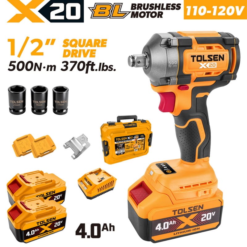 Complete TOLSEN 20V heavy-duty brushless impact wrench kit featuring 500Nm torque, displayed with two high-capacity 4.0Ah batteries, charger, hard storage case, and three impact sockets for 110-120v market.