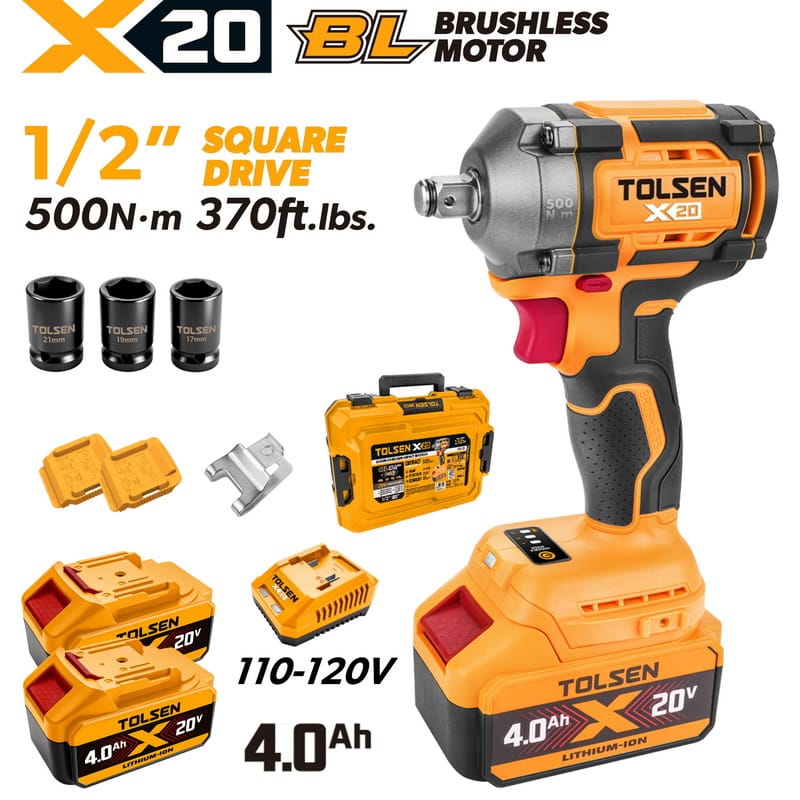 Complete TOLSEN 20V heavy-duty brushless impact wrench kit featuring 500Nm torque, displayed with two high-capacity 4.0Ah batteries, charger, hard storage case, and three impact sockets for 110-120v market.