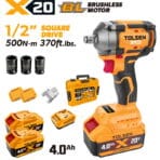 Complete TOLSEN 20V heavy-duty brushless impact wrench kit featuring 500Nm torque, displayed with two high-capacity 4.0Ah batteries, charger, hard storage case, and three impact sockets.