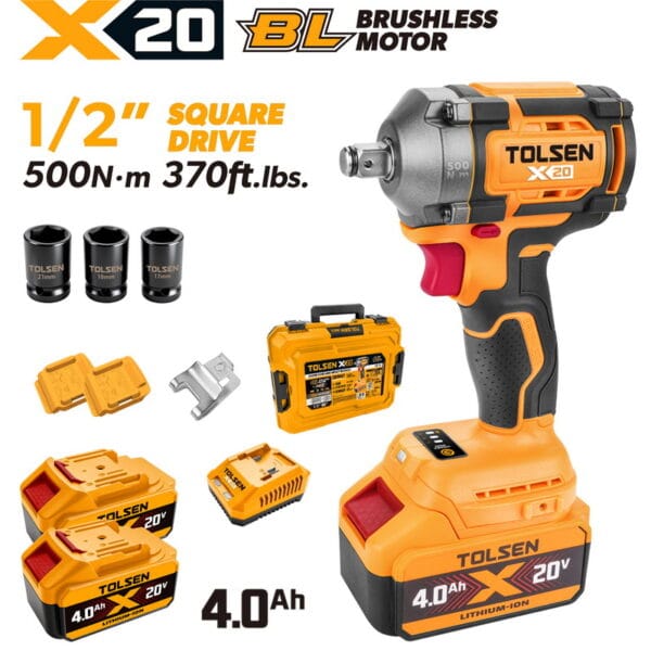 Complete TOLSEN 20V heavy-duty brushless impact wrench kit featuring 500Nm torque, displayed with two high-capacity 4.0Ah batteries, charger, hard storage case, and three impact sockets.