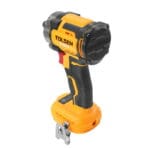 Back angled view of the TOLSEN cordless impact wrench, showcasing the brushless motor housing and the electronic control panel located at the battery base.