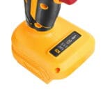 Detail of the TOLSEN 20V drill's base, highlighting the BL brushless motor logo and the built-in LED battery life indicator panel.