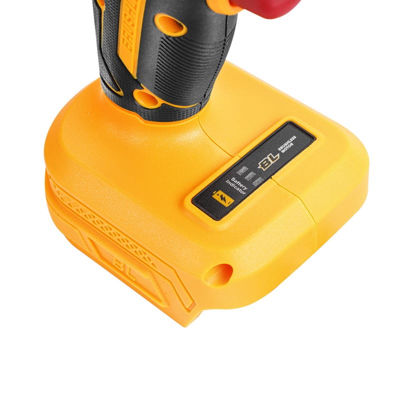 Detail of the TOLSEN 20V drill's base, highlighting the BL brushless motor logo and the built-in LED battery life indicator panel.