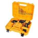 Fully open TOLSEN tool case revealing the 20V brushless hammer drill, charger, battery, and a neatly organized set of drill and driver bits in the lid.