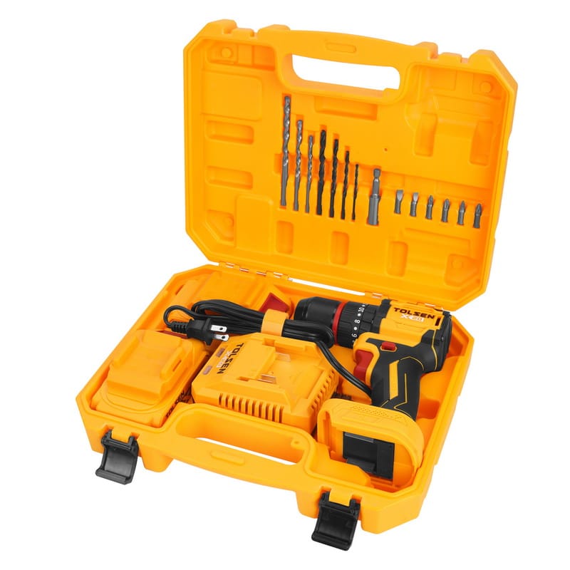 Fully open TOLSEN tool case revealing the 20V brushless hammer drill, charger, battery, and a neatly organized set of drill and driver bits in the lid.