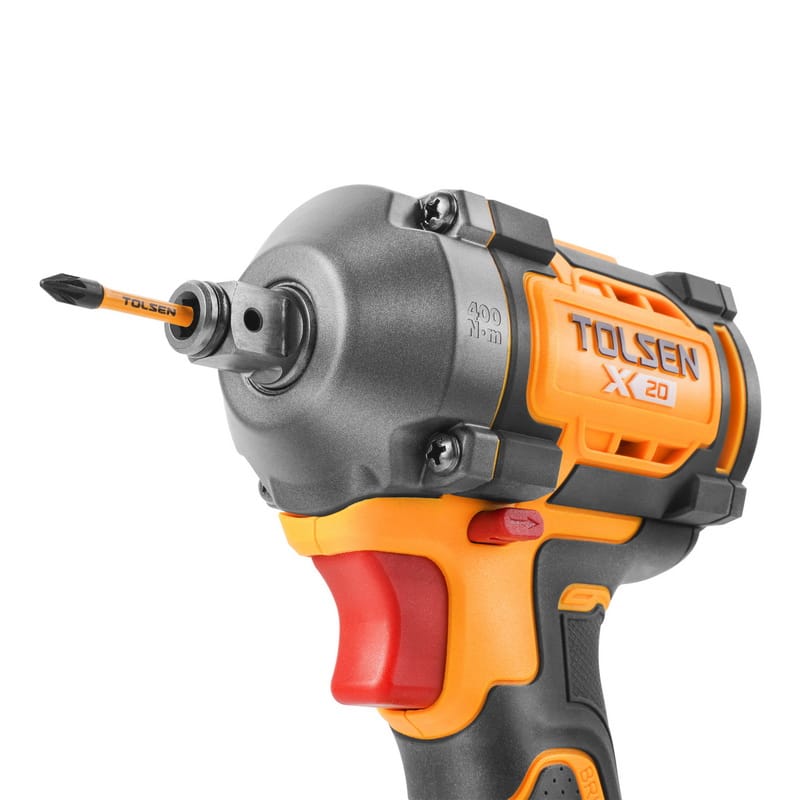 Angled view of the TOLSEN impact wrench with a Phillips screwdriver bit inserted directly into the hollow 1/2-inch square drive, functioning as an impact driver.