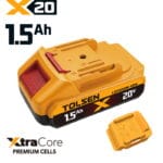 Tolsen 20V X20 1.5Ah lithium-ion battery pack with XtraCore premium cells.