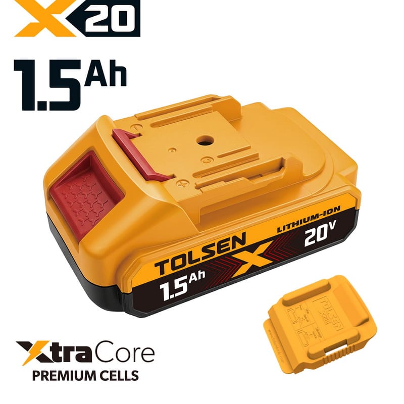 Tolsen 20V X20 1.5Ah lithium-ion battery pack with XtraCore premium cells.