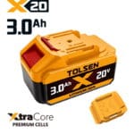 Tolsen 20V X20 3.0Ah lithium-ion battery pack with XtraCore premium cells.