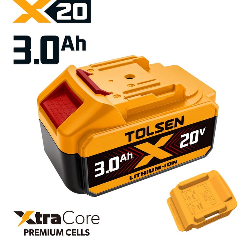 Tolsen 20V X20 3.0Ah lithium-ion battery pack with XtraCore premium cells.