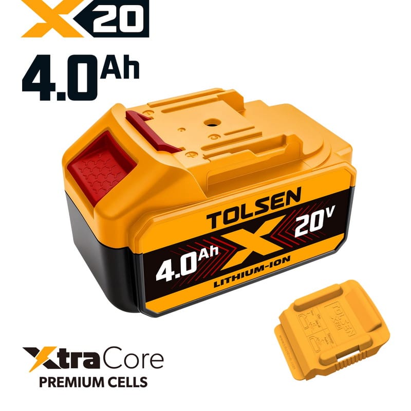Tolsen 20V X20 4.0Ah lithium-ion battery pack with XtraCore premium cells.