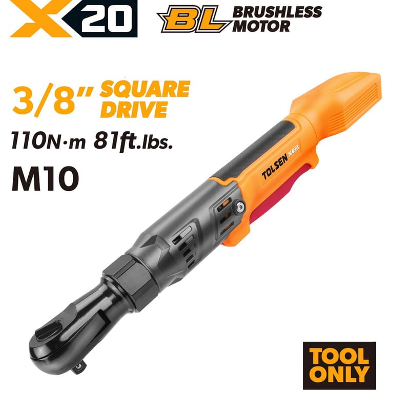 Tolsen 20V X20 brushless cordless 3/8 inch square drive ratchet wrench tool only delivering 110Nm torque