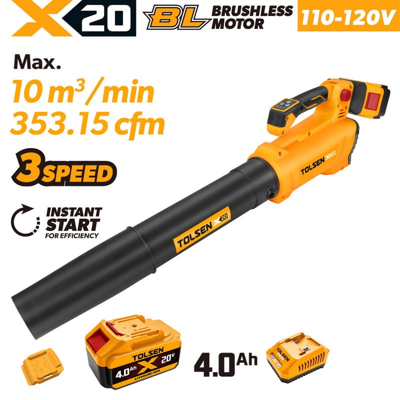 Tolsen 20V X20 brushless cordless blower kit with 4.0Ah lithium-ion battery and charger for 110-120v market.