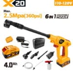 Tolsen 20V X20 cordless high pressure washer kit 360 PSI with 6-in-1 adjustable nozzle, 4.0Ah battery, foam cannon, hose, and storage case for 110-120v market.