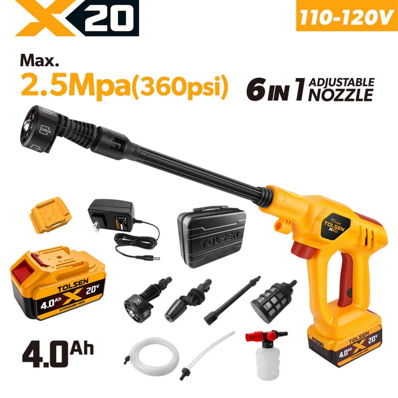 Tolsen 20V X20 cordless high pressure washer kit 360 PSI with 6-in-1 adjustable nozzle, 4.0Ah battery, foam cannon, hose, and storage case for 110-120v market.