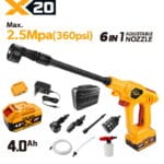 Tolsen 20V X20 cordless high pressure washer kit 360 PSI with 6-in-1 adjustable nozzle, 4.0Ah battery, foam cannon, hose, and storage case