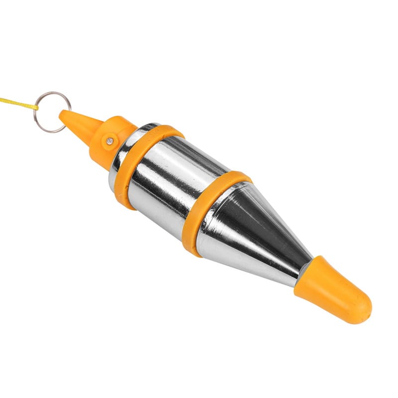 Close-up of the 300g chrome-plated TOLSEN plumb bob weight, featuring an accurate pointed tip with a protective cover and yellow rubber stabilization bumpers.
