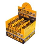 Open point-of-sale display box containing 24 pieces of TOLSEN 5-inch yellow handled diagonal flush cutters.