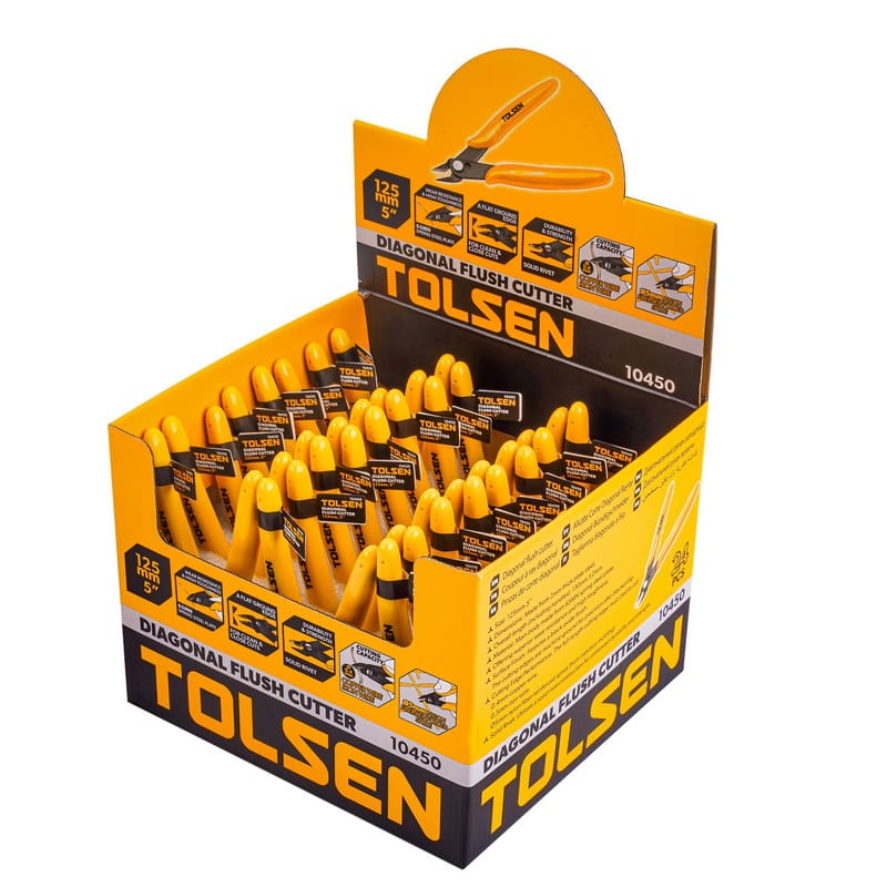 Open point-of-sale display box containing 24 pieces of TOLSEN 5-inch yellow handled diagonal flush cutters.