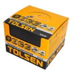 Closed retail display box for TOLSEN 5-inch Diagonal Flush Cutters, showing product features like the flat ground edge and cutting capacity.