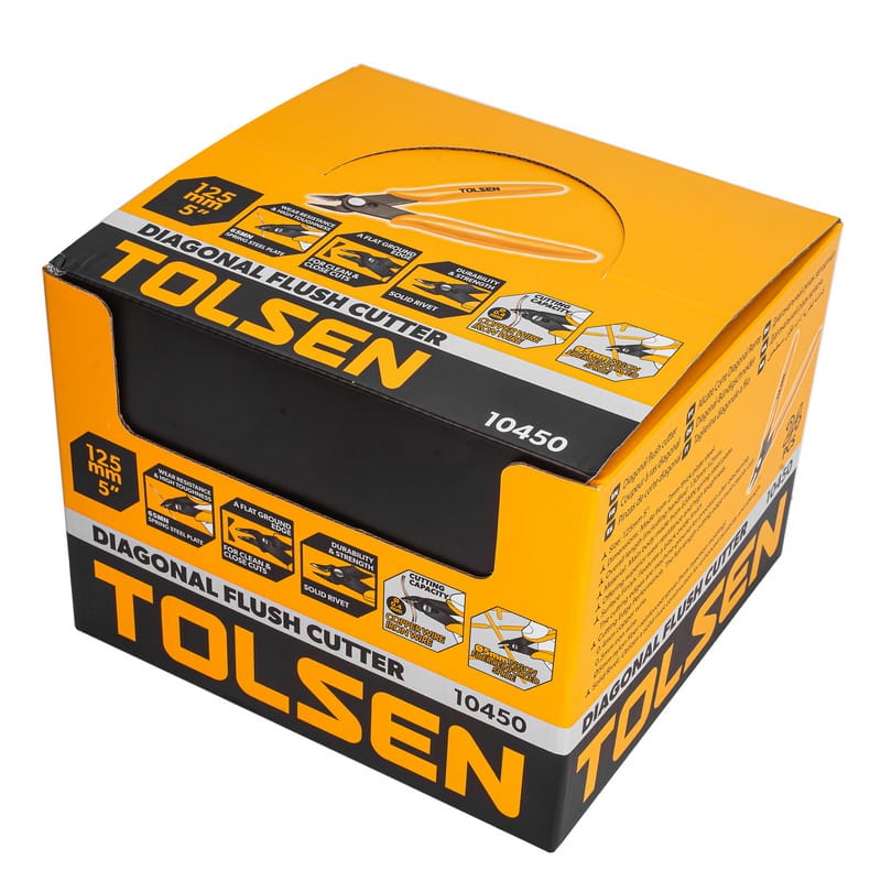 Closed retail display box for TOLSEN 5-inch Diagonal Flush Cutters, showing product features like the flat ground edge and cutting capacity.