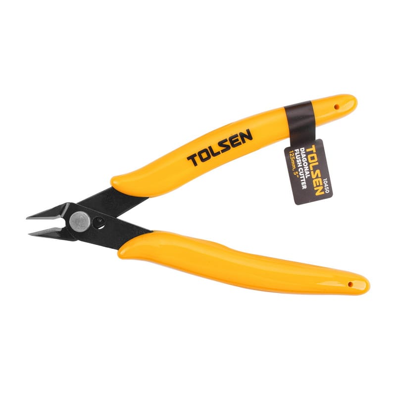 Single TOLSEN 5-inch diagonal flush cutter with yellow PVC handles and the original retail hang tag attached.
