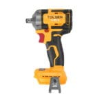 Side profile of the TOLSEN 20V compact brushless impact wrench bare tool, showing the ergonomic rubber grip, belt clip, and 500 N.m torque rating on the metal head.