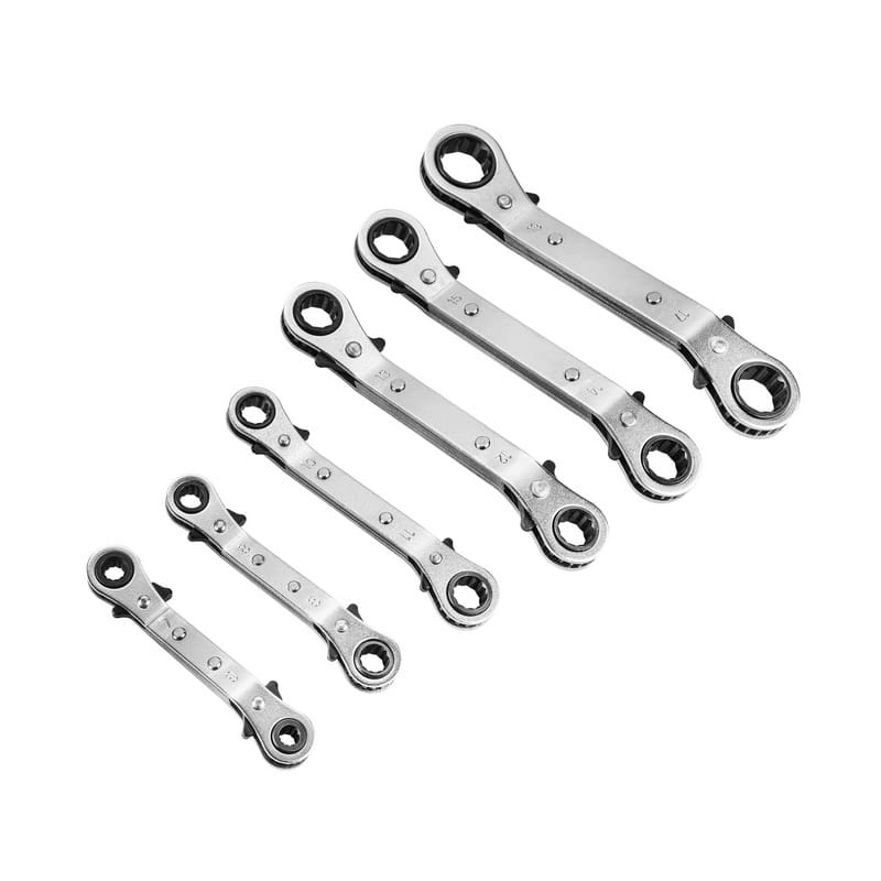 Angled layout of the six TOLSEN double-head ratcheting box wrenches, showing various metric sizes and the forward/reverse thumb switches.