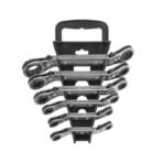 Complete TOLSEN 6-piece double-head reversible ratchet spanner set, neatly organized in a black plastic storage rack with a carrying handle.