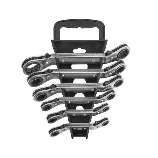 Complete TOLSEN 6-piece double-head reversible ratchet spanner set, neatly organized in a black plastic storage rack with a carrying handle.