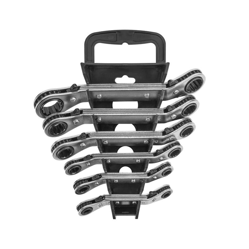 Complete TOLSEN 6-piece double-head reversible ratchet spanner set, neatly organized in a black plastic storage rack with a carrying handle.