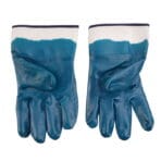 Palm view of a pair of TOLSEN heavy-duty work gloves, showcasing the full blue nitrile coating designed for excellent grip in oily conditions and the white canvas safety cuffs.