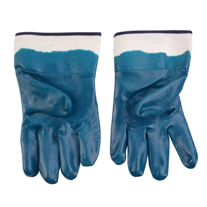 Palm view of a pair of TOLSEN heavy-duty work gloves, showcasing the full blue nitrile coating designed for excellent grip in oily conditions and the white canvas safety cuffs.
