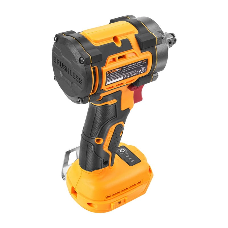 Back angled view of the TOLSEN cordless impact wrench, showcasing the brushless motor housing and the electronic speed/torque adjustment control panel at the base.