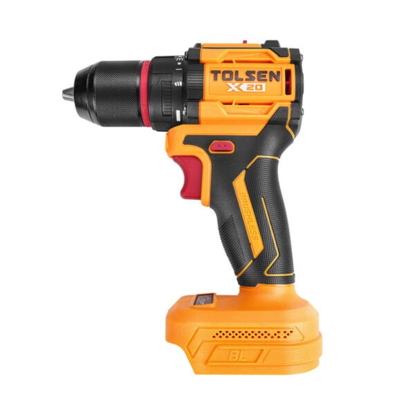 Side profile of the compact TOLSEN X20 brushless cordless drill, showcasing the ergonomic rubberized grip, variable speed trigger, and forward/reverse switch.