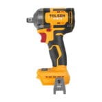Side profile of the compact TOLSEN 20V brushless impact wrench bare tool, showing the ergonomic grip, belt hook, and the 400 N.m torque rating printed on the metal head.