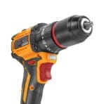 Close-up of the TOLSEN drill's 13mm (1/2-inch) keyless metal chuck, 20+1+1 torque settings, and the built-in LED work light above the trigger.