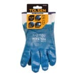 TOLSEN fully-coated nitrile work glove attached to a retail header card, highlighting size 10/XL, oil-resistance, and abrasion-resistant features.