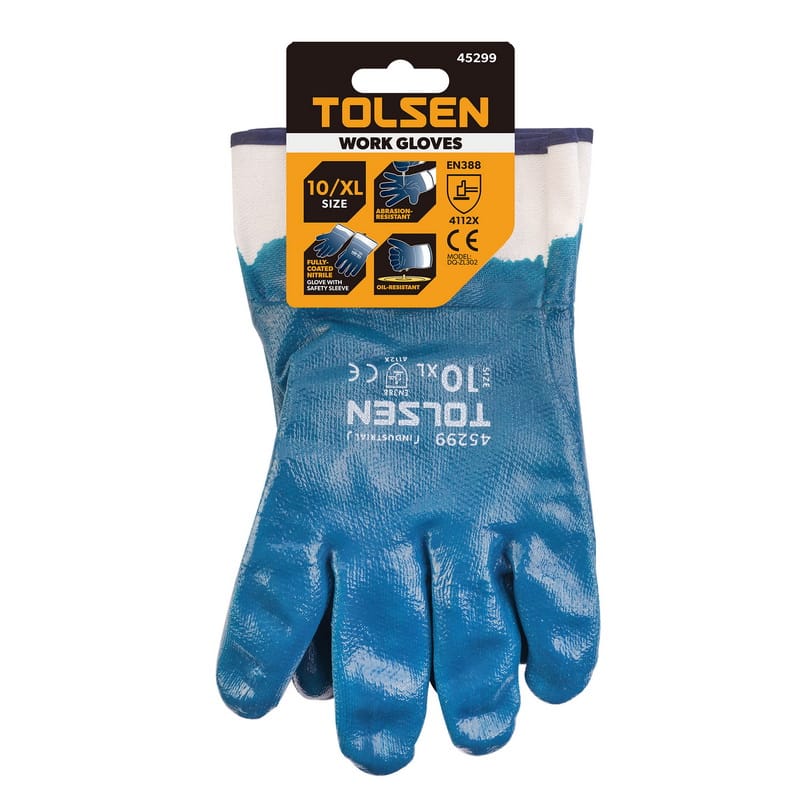 TOLSEN fully-coated nitrile work glove attached to a retail header card, highlighting size 10/XL, oil-resistance, and abrasion-resistant features.