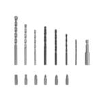Included accessory set for the TOLSEN 20V hammer drill, featuring masonry bits, twist drill bits, various screwdriver bits, and a magnetic bit holder.