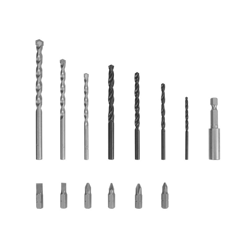 Included accessory set for the TOLSEN 20V hammer drill, featuring masonry bits, twist drill bits, various screwdriver bits, and a magnetic bit holder.
