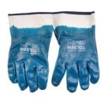 Back view of TOLSEN industrial nitrile coated work gloves, displaying the printed brand logo, size 10/XL, and EN388 safety certification markings on the back of the hand.
