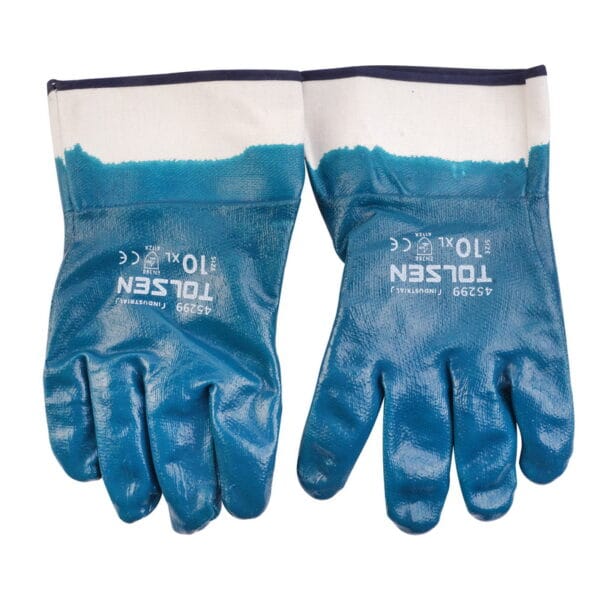 Back view of TOLSEN industrial nitrile coated work gloves, displaying the printed brand logo, size 10/XL, and EN388 safety certification markings on the back of the hand.