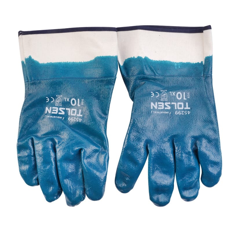 Back view of TOLSEN industrial nitrile coated work gloves, displaying the printed brand logo, size 10/XL, and EN388 safety certification markings on the back of the hand.