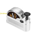 Close-up of the TOLSEN magnetic plumb bob's silver housing, featuring the top locking mechanism and high-visibility yellow string.