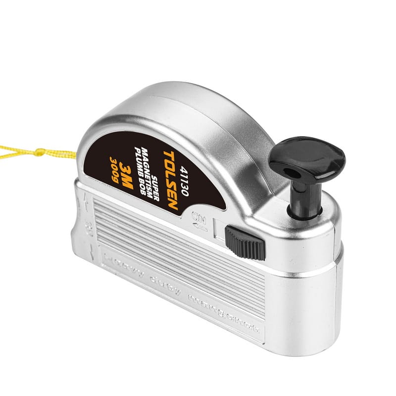 Close-up of the TOLSEN magnetic plumb bob's silver housing, featuring the top locking mechanism and high-visibility yellow string.