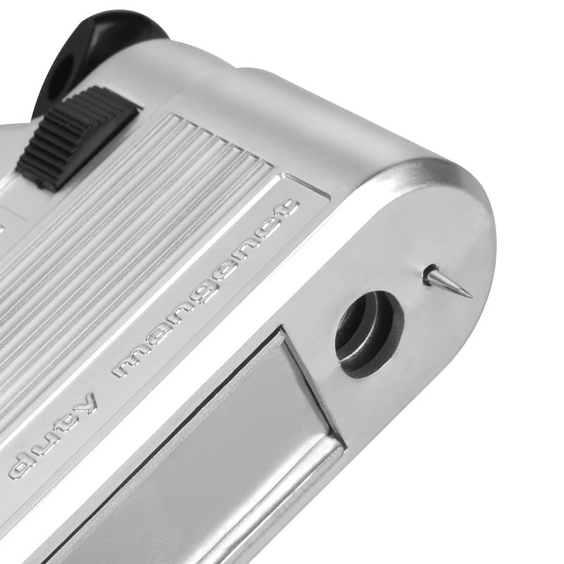 Detailed view of the sharp fixing needle (spike) on the side of the TOLSEN plumb bob housing, designed for easy anchoring into wood or drywall.